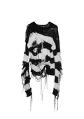 BLACK AND WHITE DISTRESSED STRIPED KNIT SWEATER WITH HAND-FRAYED DETAILS, OVERSIZED FIT, OPEN-KNIT CONSTRUCTION, LONG HANGING THREADS AND RAW FINISHES.