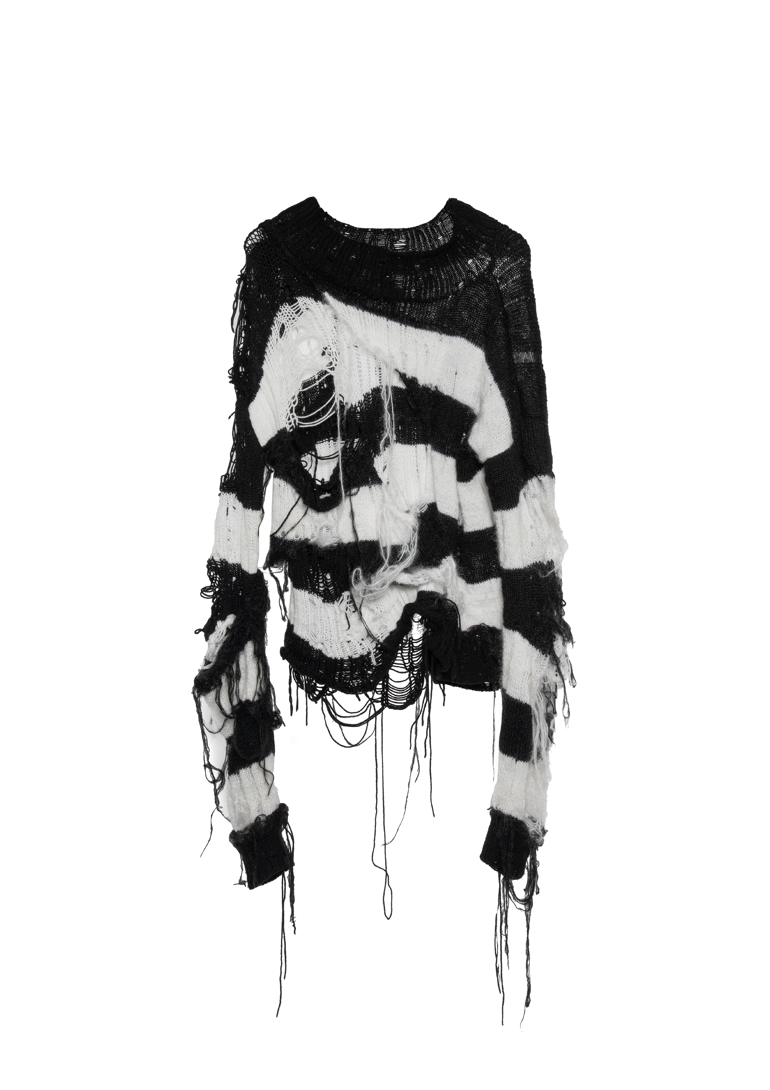 BLACK AND WHITE DISTRESSED STRIPED KNIT SWEATER WITH HAND-FRAYED DETAILS, OVERSIZED FIT, OPEN-KNIT CONSTRUCTION, LONG HANGING THREADS AND RAW FINISHES.