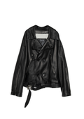 BLACK OVERSIZED LEATHER BIKER JACKET WITH DOUBLE-BREASTED CLOSURE, ASYMMETRICAL LAPELS, MULTIPLE ZIPPED POCKETS, ADJUSTABLE WAIST BELT AND SILVER HARDWARE.