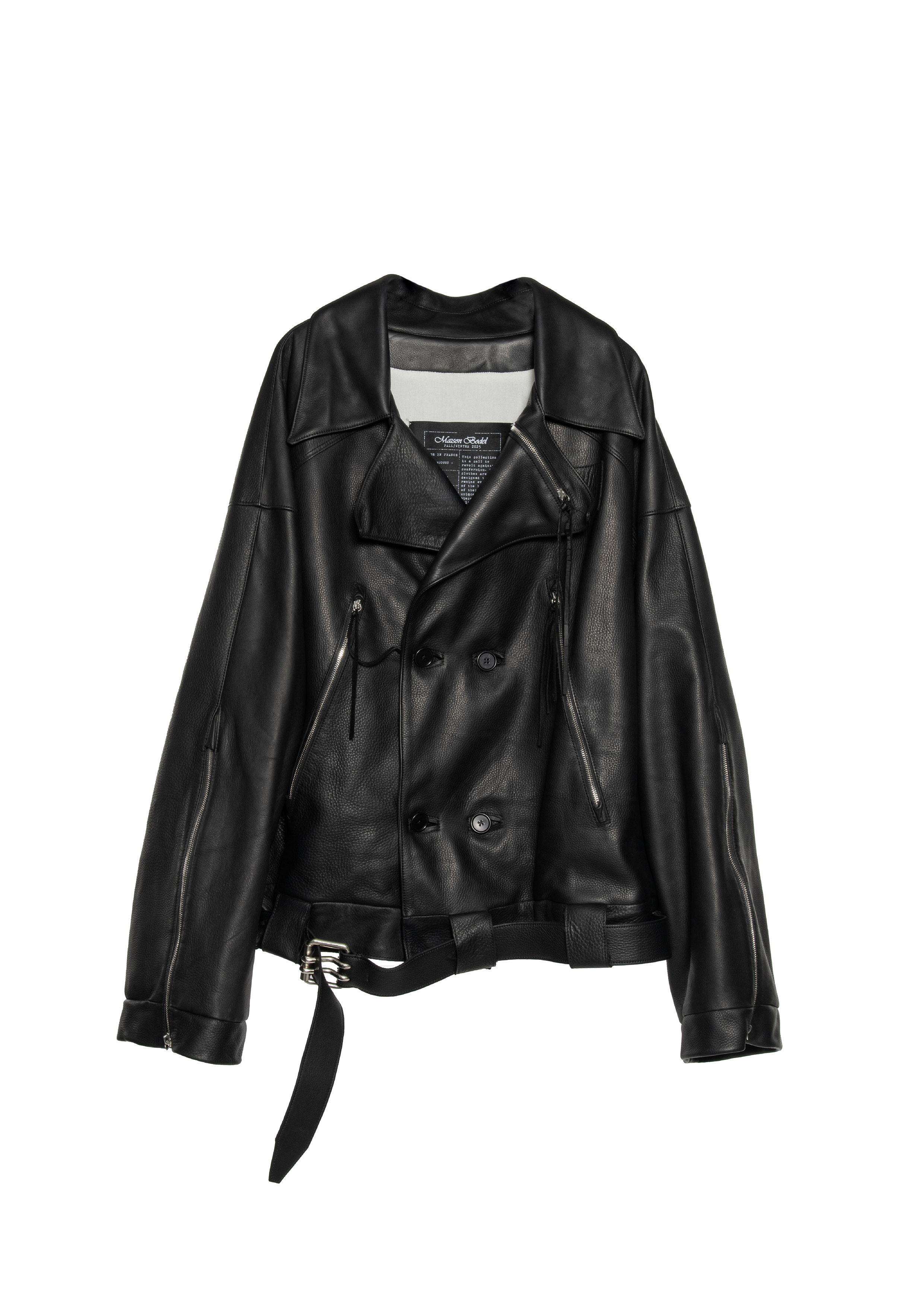 BLACK OVERSIZED LEATHER BIKER JACKET WITH DOUBLE-BREASTED CLOSURE, ASYMMETRICAL LAPELS, MULTIPLE ZIPPED POCKETS, ADJUSTABLE WAIST BELT AND SILVER HARDWARE.