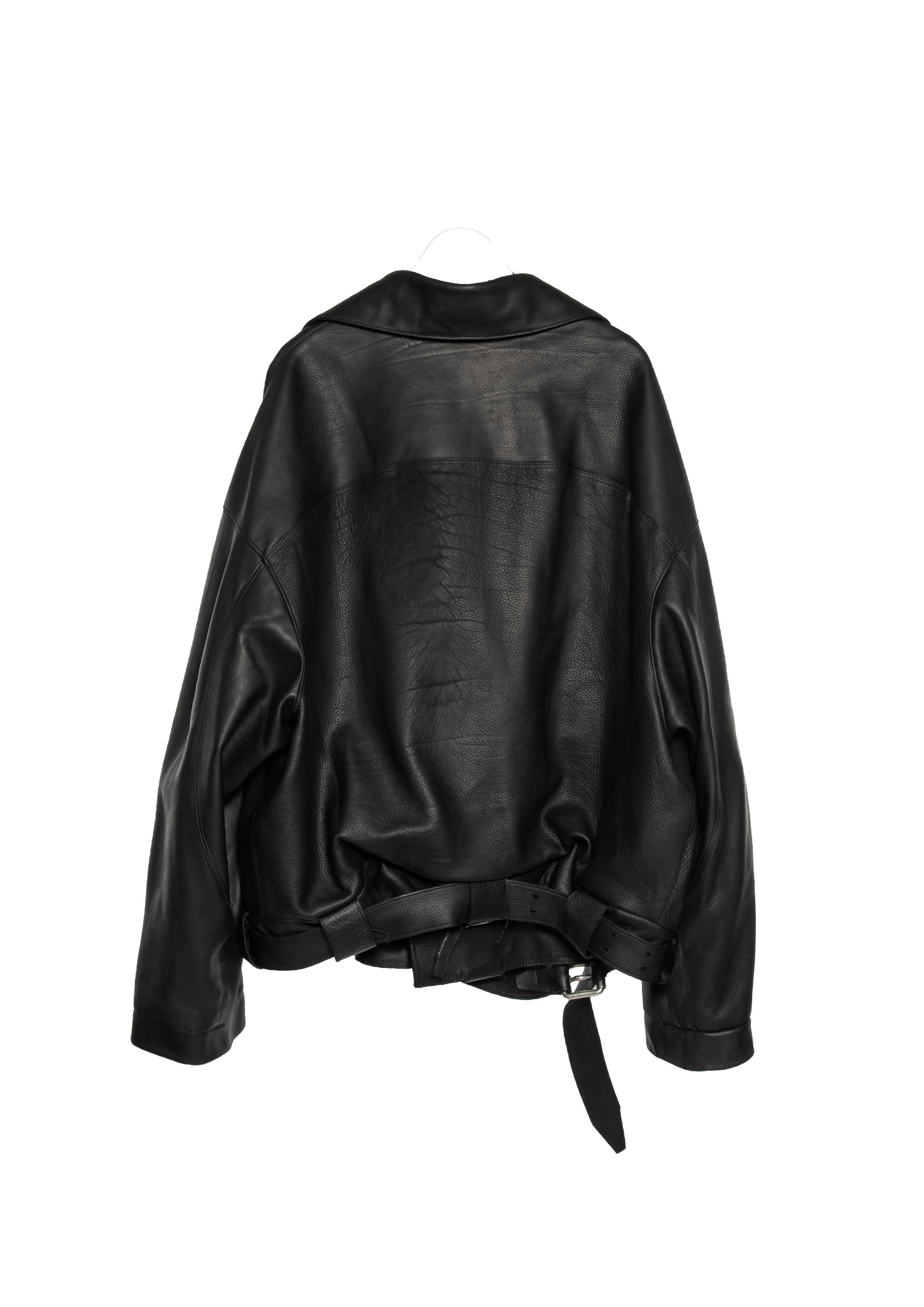 BLACK OVERSIZED LEATHER BIKER JACKET WITH DOUBLE-BREASTED CLOSURE, ASYMMETRICAL LAPELS, MULTIPLE ZIPPED POCKETS, ADJUSTABLE WAIST BELT AND SILVER HARDWARE.