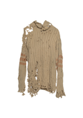 BEIGE DISTRESSED RIBBED KNIT SWEATER WITH HAND-FRAYED DETAILS, HIGH NECK, OVERSIZED FIT, DESTROYED FINISHES AND FADED STRIPES ON THE SLEEVES.