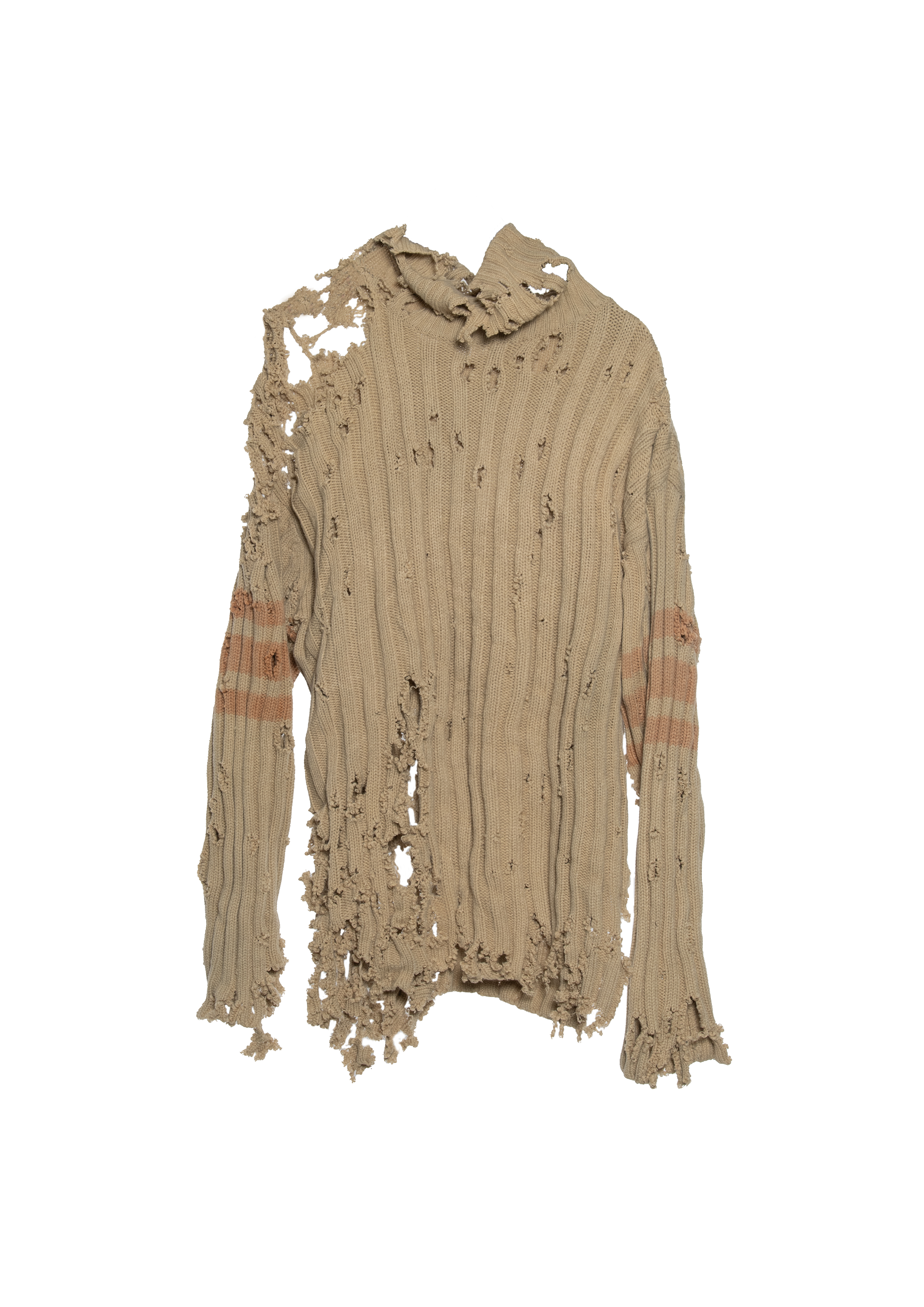 BEIGE DISTRESSED RIBBED KNIT SWEATER WITH HAND-FRAYED DETAILS, HIGH NECK, OVERSIZED FIT, DESTROYED FINISHES AND FADED STRIPES ON THE SLEEVES.