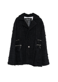 BLACK DISTRESSED TAILORED JACKET WITH FRAYED TEXTURE, OVERSIZED SILHOUETTE, MULTIPLE ZIPPED PATCH POCKETS, BUTTON FRONT CLOSURE AND RAW FINISHES.