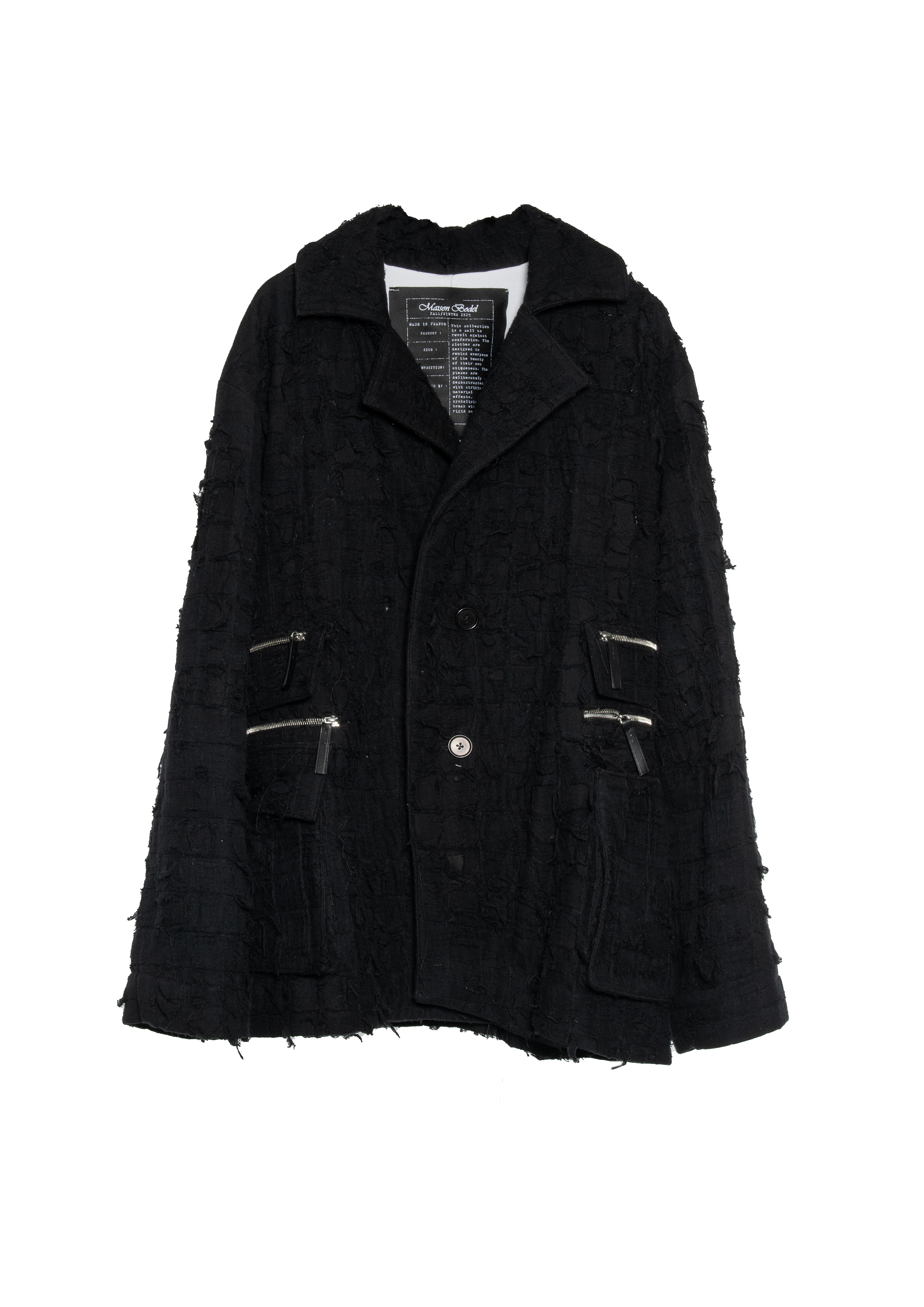 BLACK DISTRESSED TAILORED JACKET WITH FRAYED TEXTURE, OVERSIZED SILHOUETTE, MULTIPLE ZIPPED PATCH POCKETS, BUTTON FRONT CLOSURE AND RAW FINISHES.