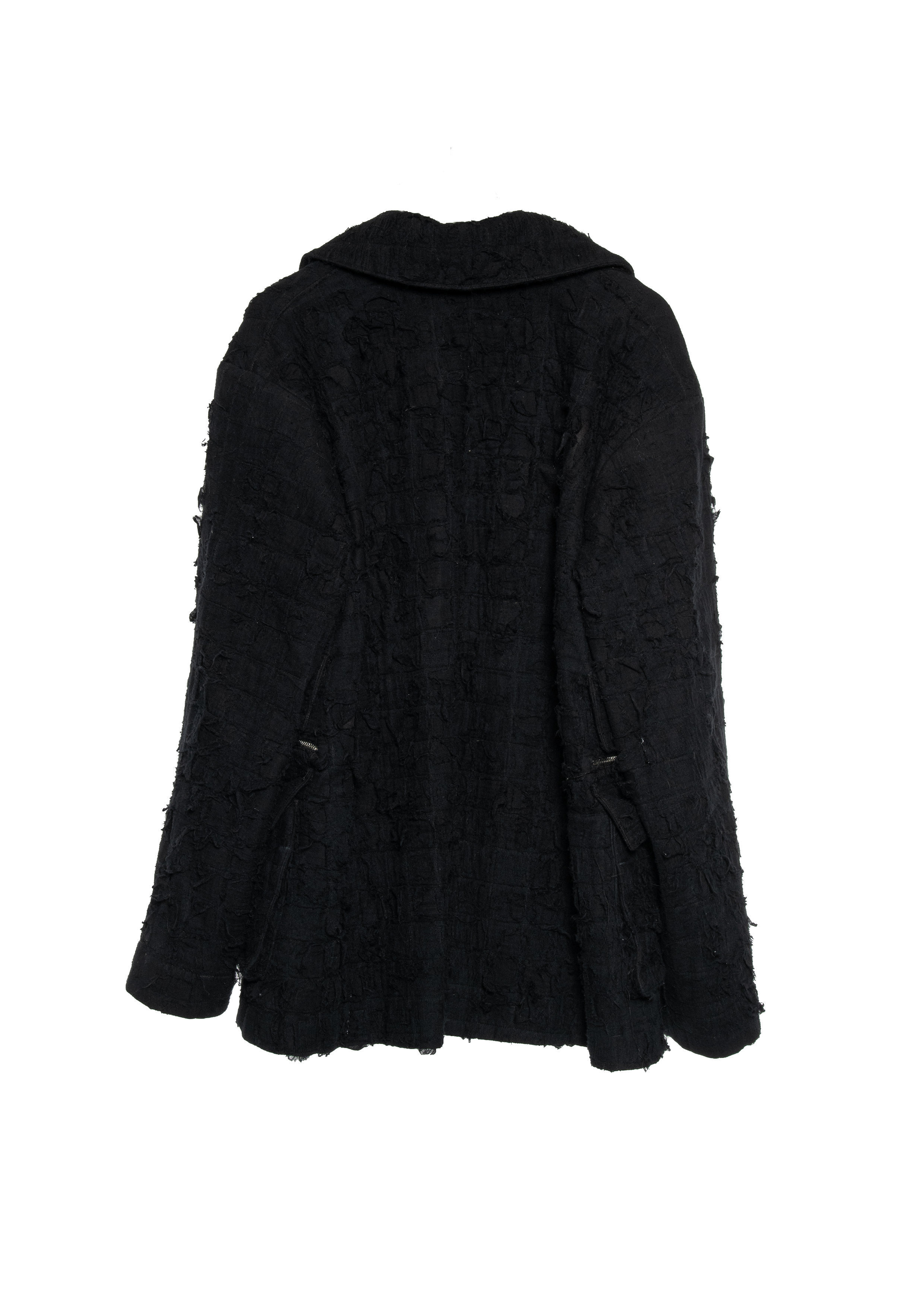 BLACK DISTRESSED TAILORED JACKET WITH FRAYED TEXTURE, OVERSIZED SILHOUETTE, MULTIPLE ZIPPED PATCH POCKETS, BUTTON FRONT CLOSURE AND RAW FINISHES.