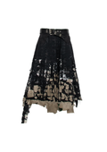 BLACK LAYERED DISTRESSED SKIRT WITH HAND-FRAYED DETAILS, PATCHWORK CONSTRUCTION, ASYMMETRICAL HEM.
