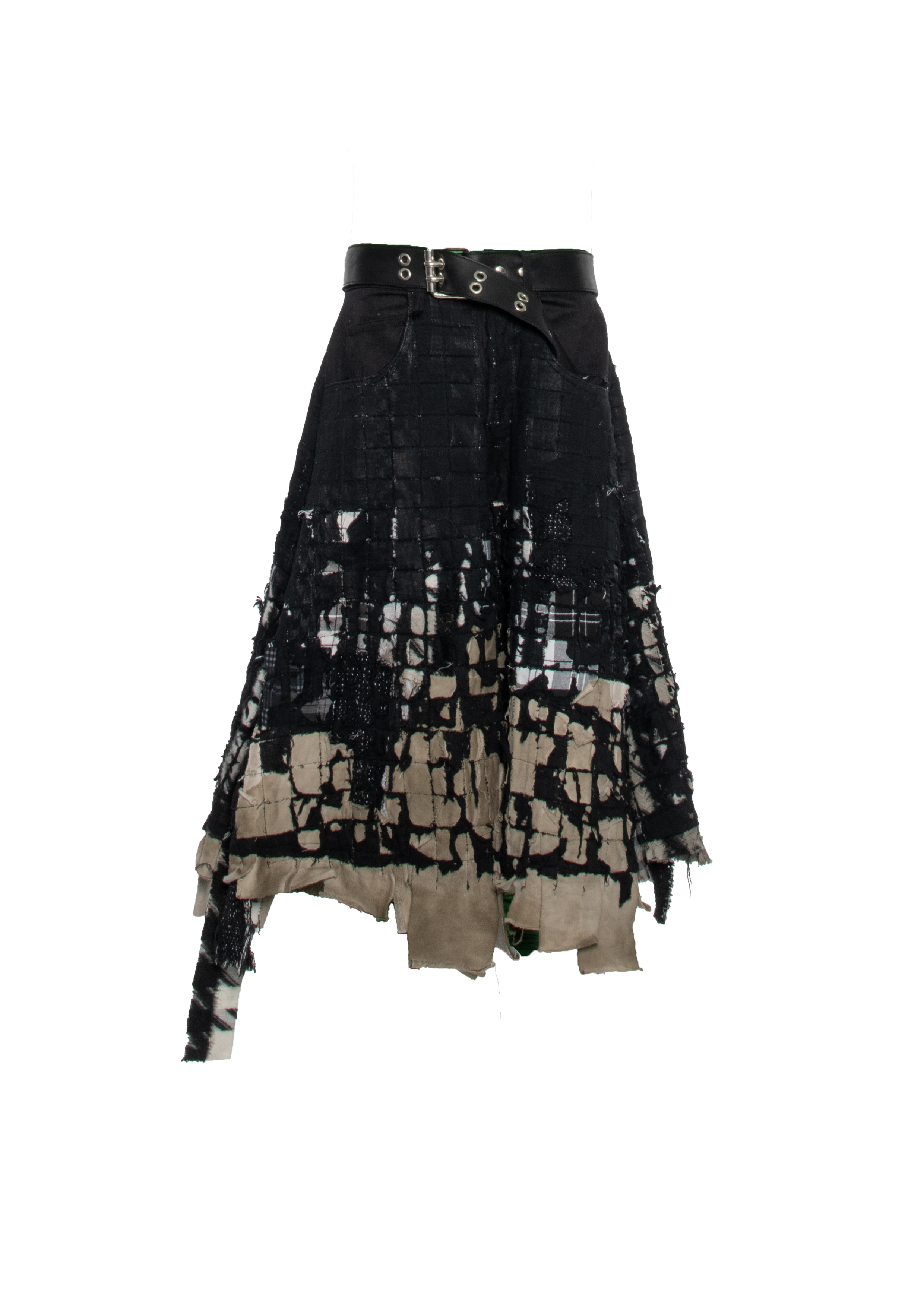 BLACK LAYERED DISTRESSED SKIRT WITH HAND-FRAYED DETAILS, PATCHWORK CONSTRUCTION, ASYMMETRICAL HEM.