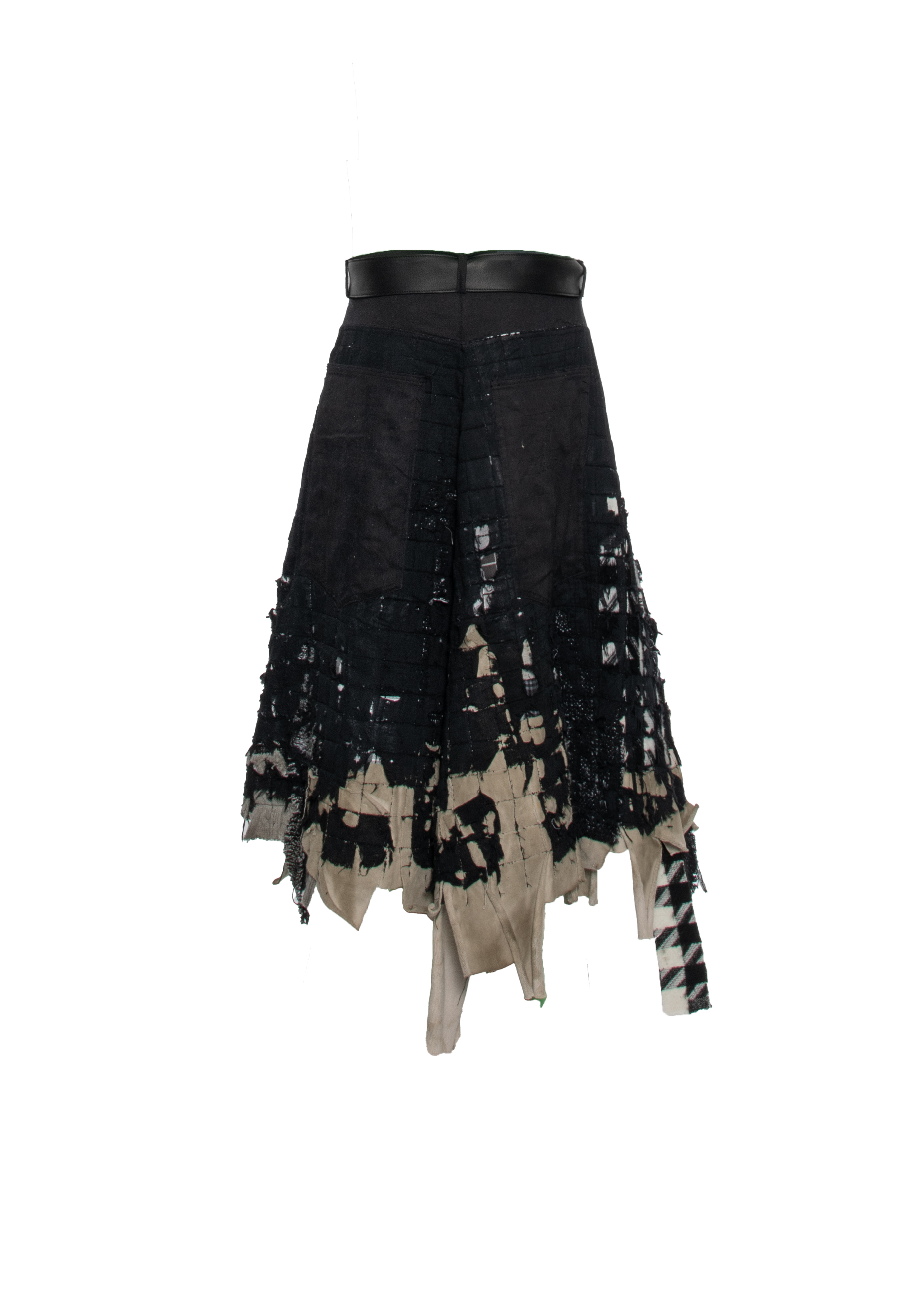 BLACK LAYERED DISTRESSED SKIRT WITH HAND-FRAYED DETAILS, PATCHWORK CONSTRUCTION, ASYMMETRICAL HEM.