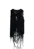 BLACK DISTRESSED OPEN-KNIT DRESS WITH HAND-FRAYED DETAILS, ASYMMETRICAL CONSTRUCTION, LONG HANGING THREADS AND AN ELONGATED SILHOUETTE.