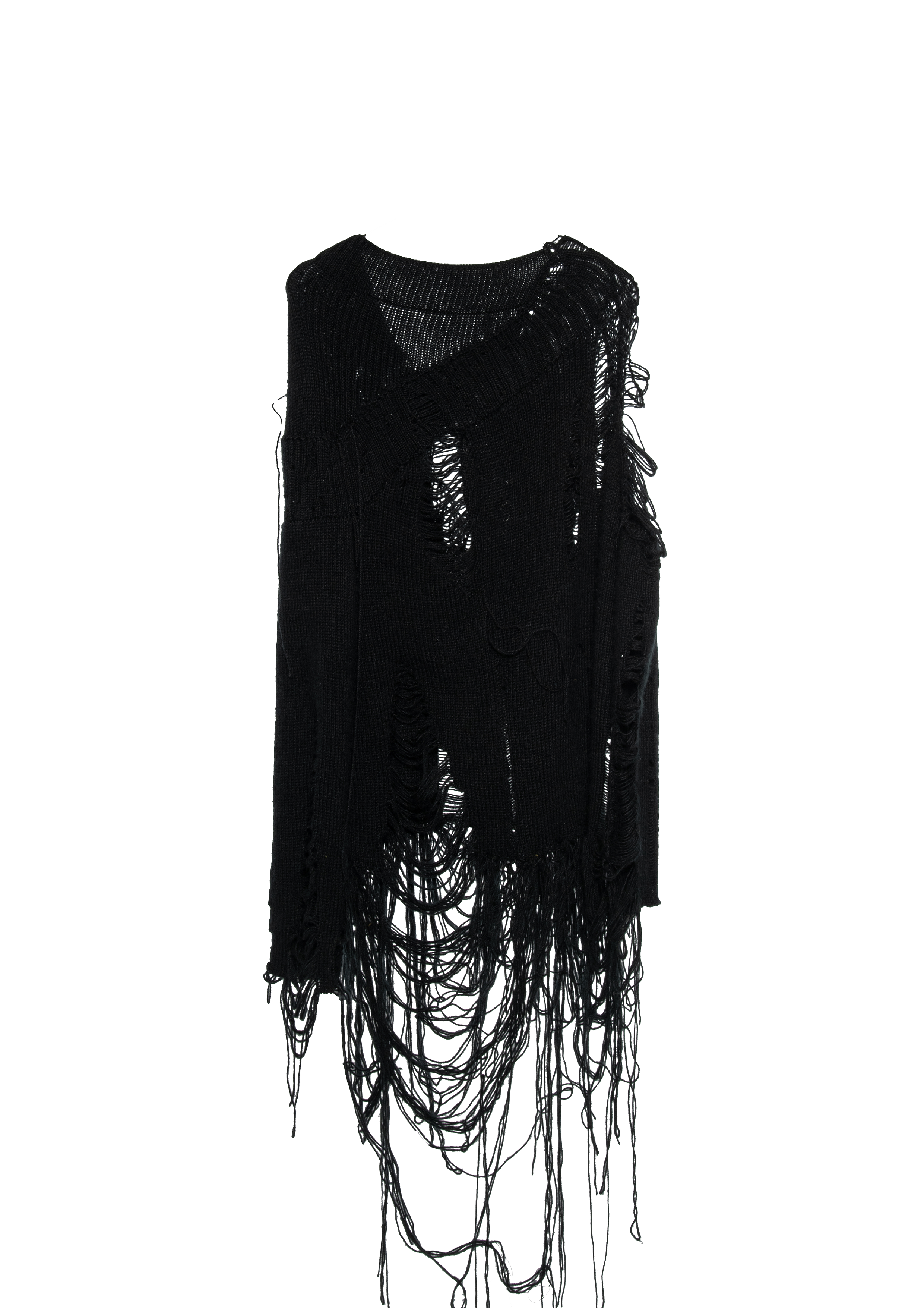 BLACK DISTRESSED OPEN-KNIT DRESS WITH HAND-FRAYED DETAILS, ASYMMETRICAL CONSTRUCTION, LONG HANGING THREADS AND AN ELONGATED SILHOUETTE.