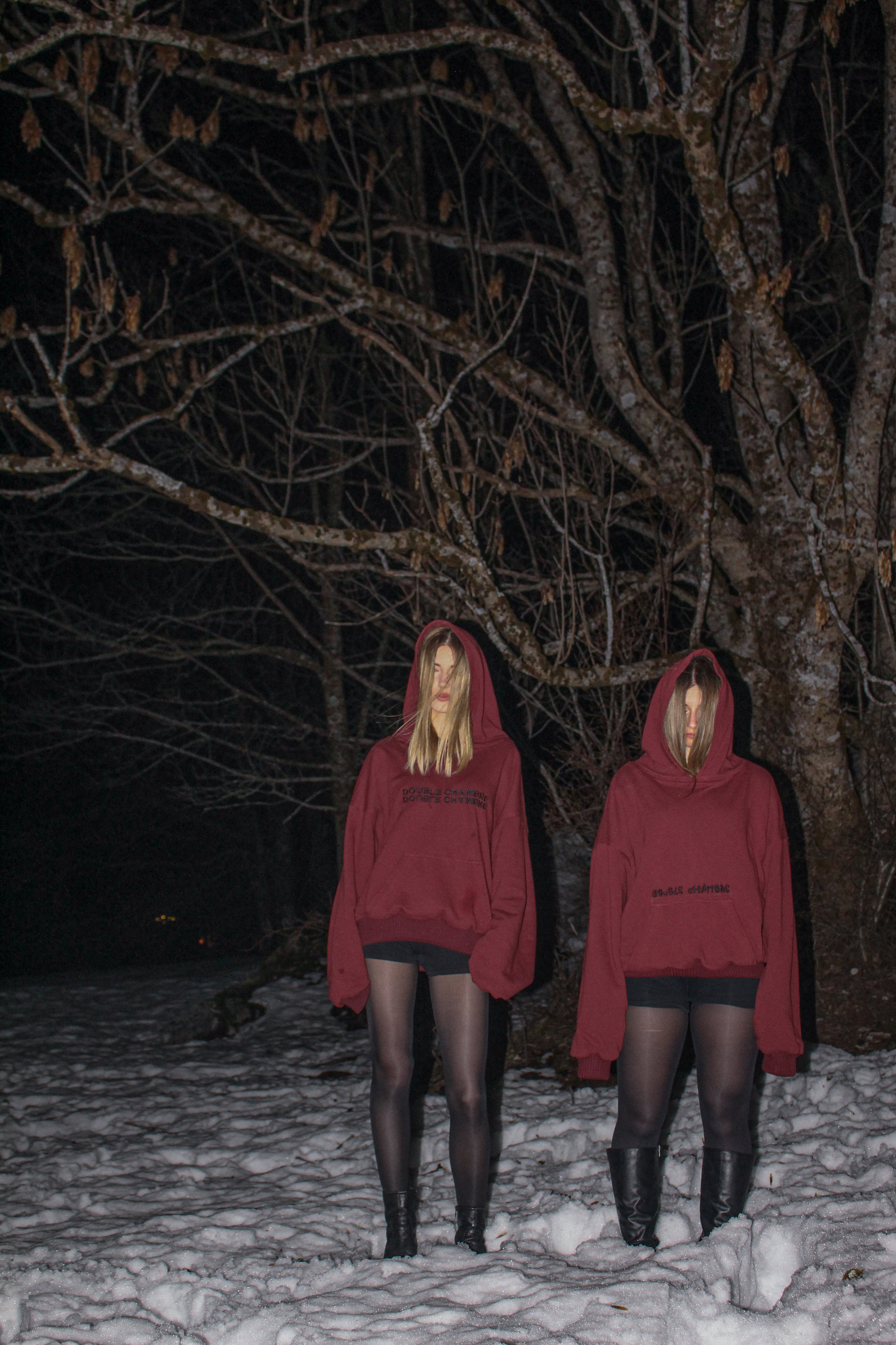 OVERSIZED RED HOODIE WITH A BLACK “DOUBLE CHAMBRE"CHEST PRINT, KANGAROO POCKET, HOOD AND RELAXED FIT.
