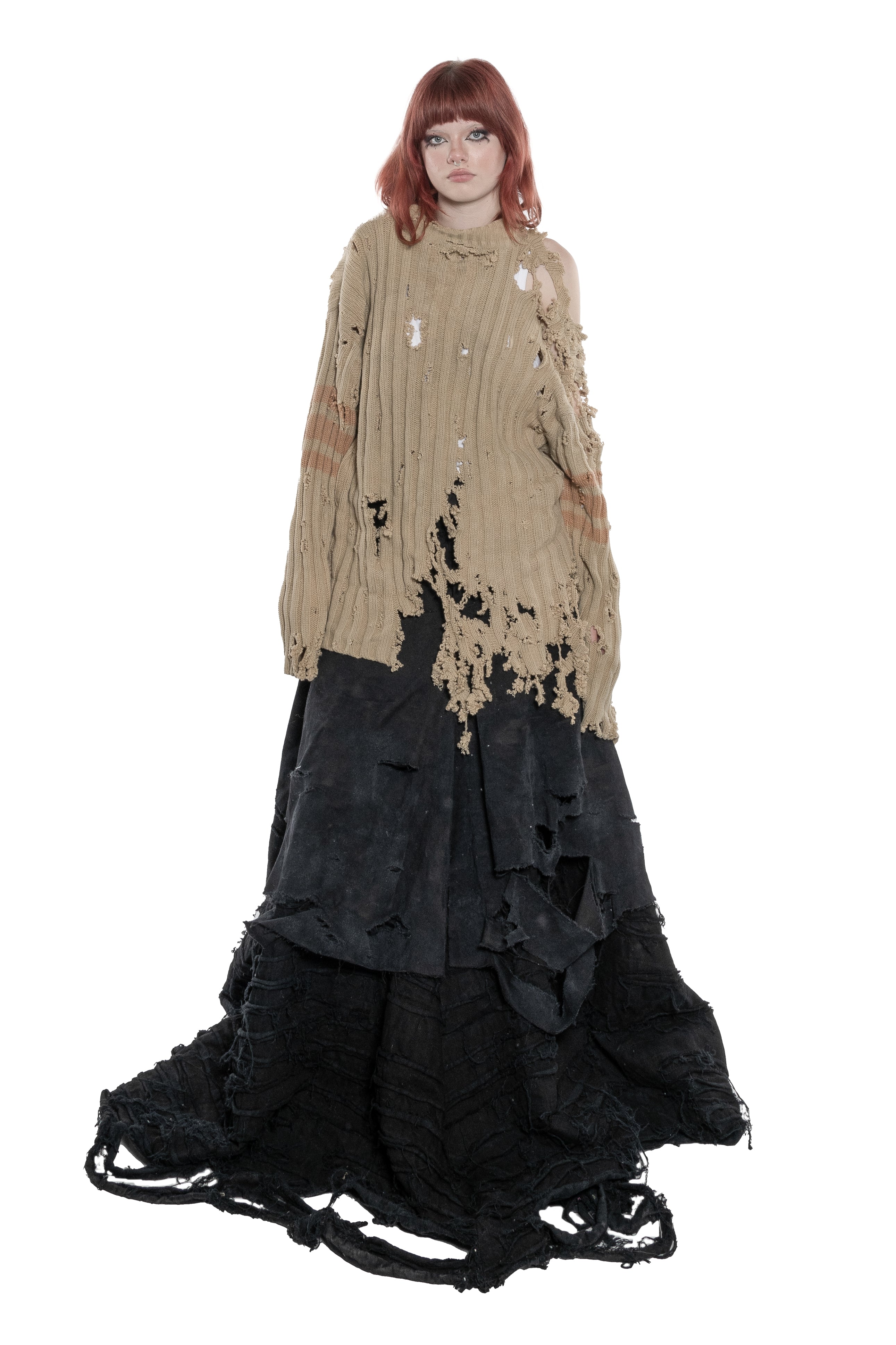 BEIGE DISTRESSED RIBBED KNIT SWEATER WITH HAND-FRAYED DETAILS, HIGH NECK, OVERSIZED FIT, DESTROYED FINISHES AND FADED STRIPES ON THE SLEEVES.