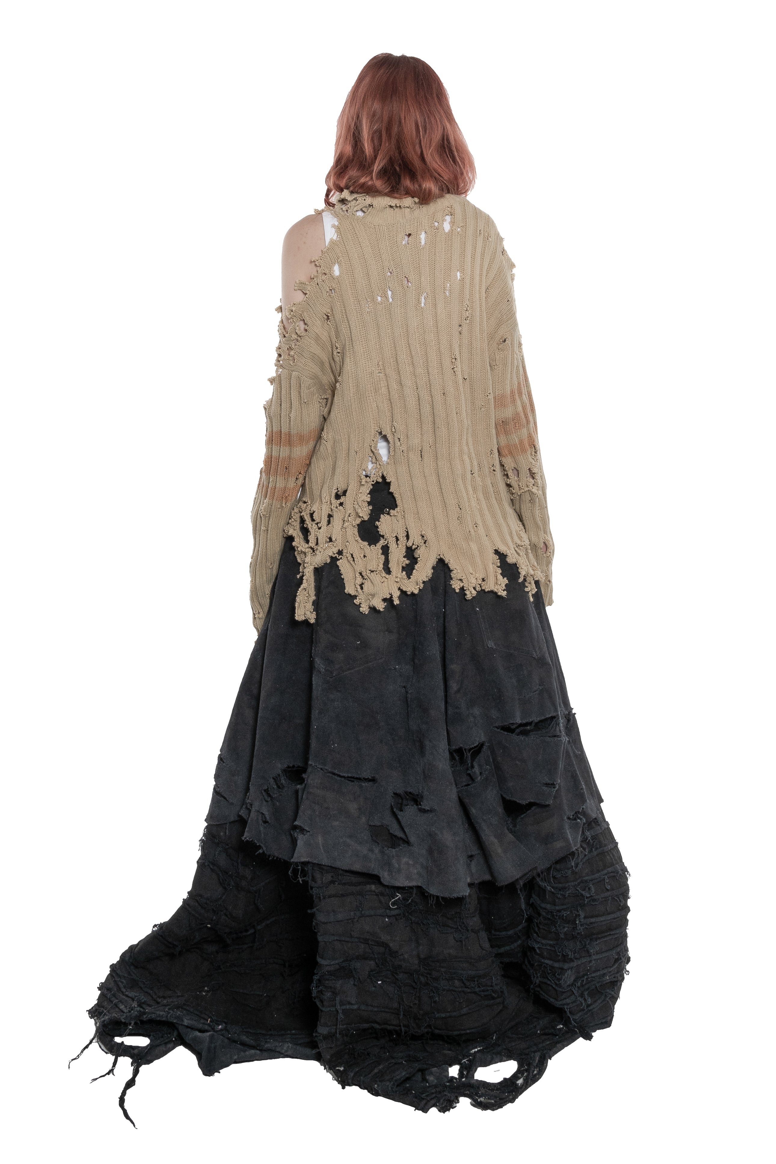 BEIGE DISTRESSED RIBBED KNIT SWEATER WITH HAND-FRAYED DETAILS, HIGH NECK, OVERSIZED FIT, DESTROYED FINISHES AND FADED STRIPES ON THE SLEEVES.