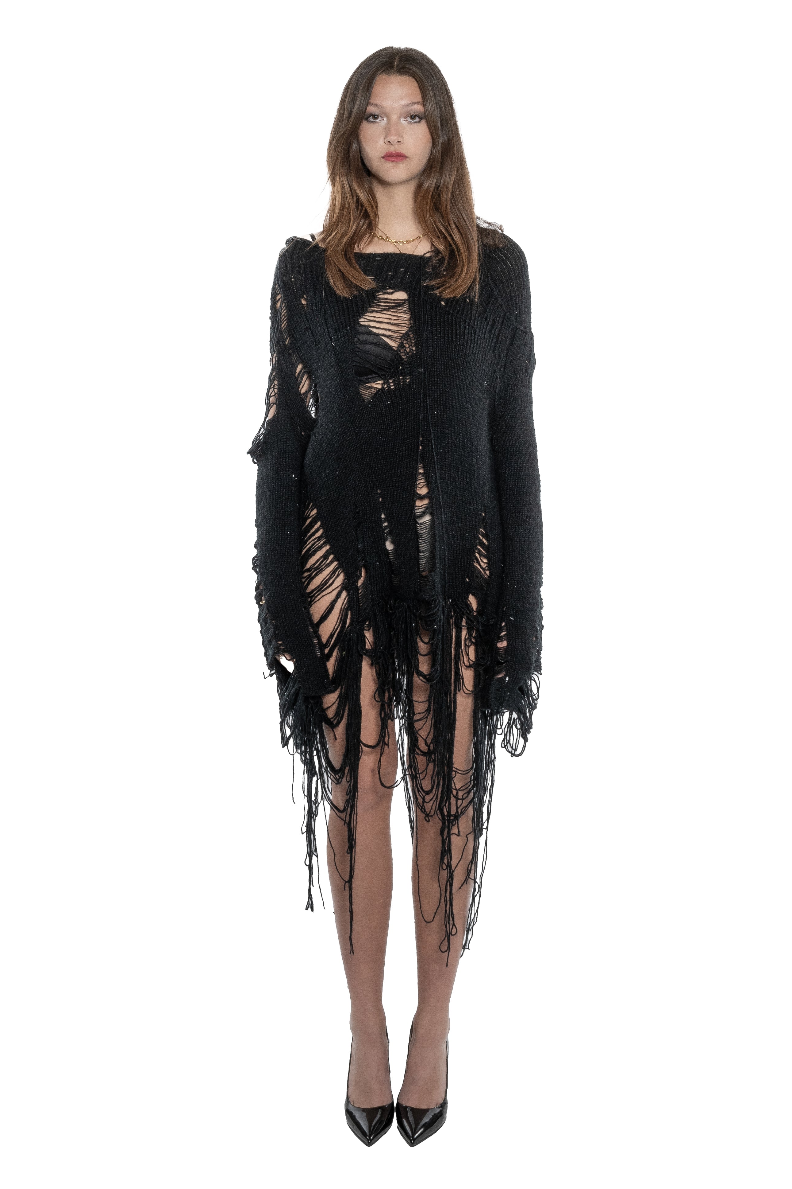 BLACK DISTRESSED OPEN-KNIT DRESS WITH HAND-FRAYED DETAILS, ASYMMETRICAL CONSTRUCTION, LONG HANGING THREADS AND AN ELONGATED SILHOUETTE.