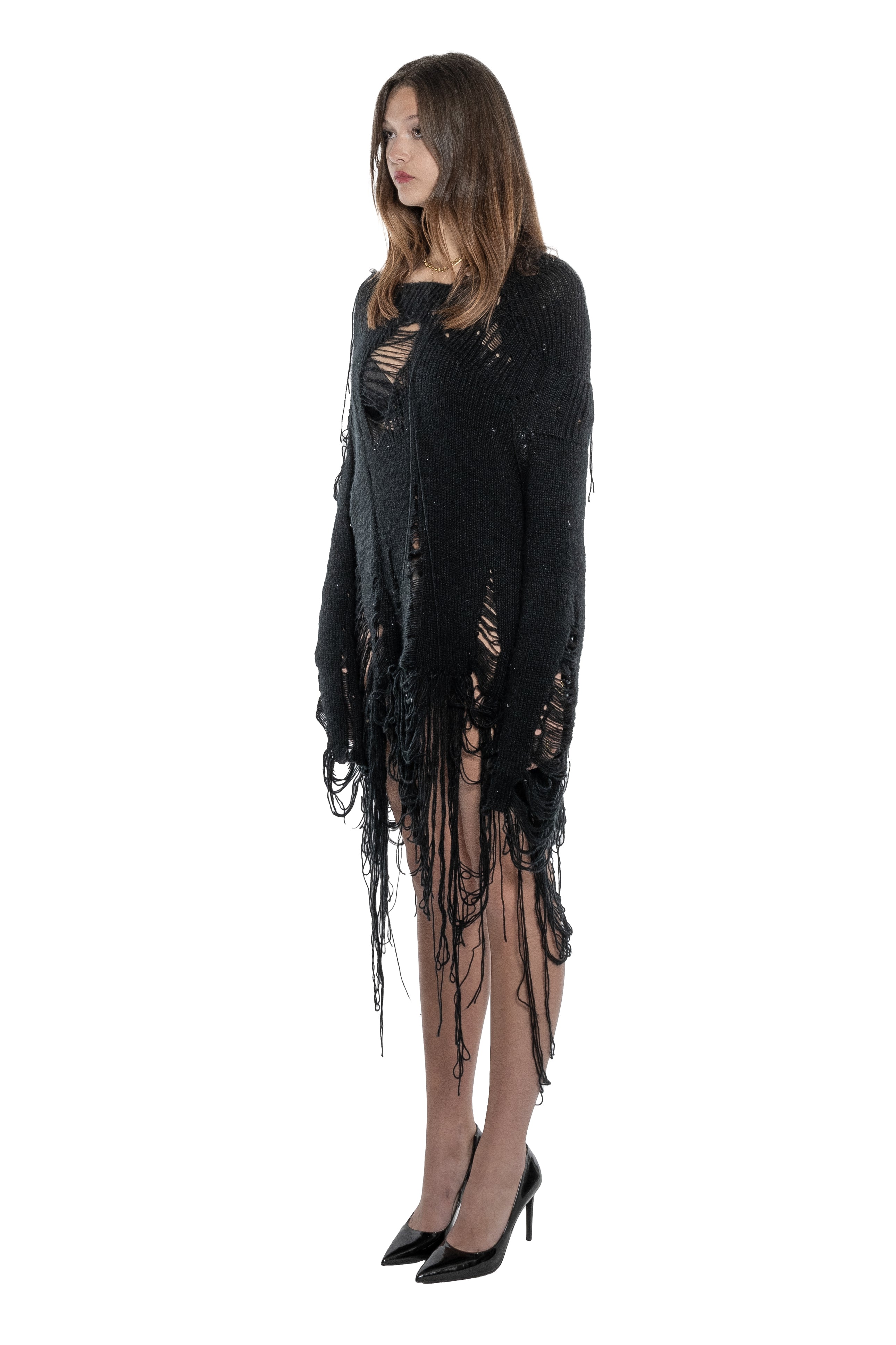 BLACK DISTRESSED OPEN-KNIT DRESS WITH HAND-FRAYED DETAILS, ASYMMETRICAL CONSTRUCTION, LONG HANGING THREADS AND AN ELONGATED SILHOUETTE.