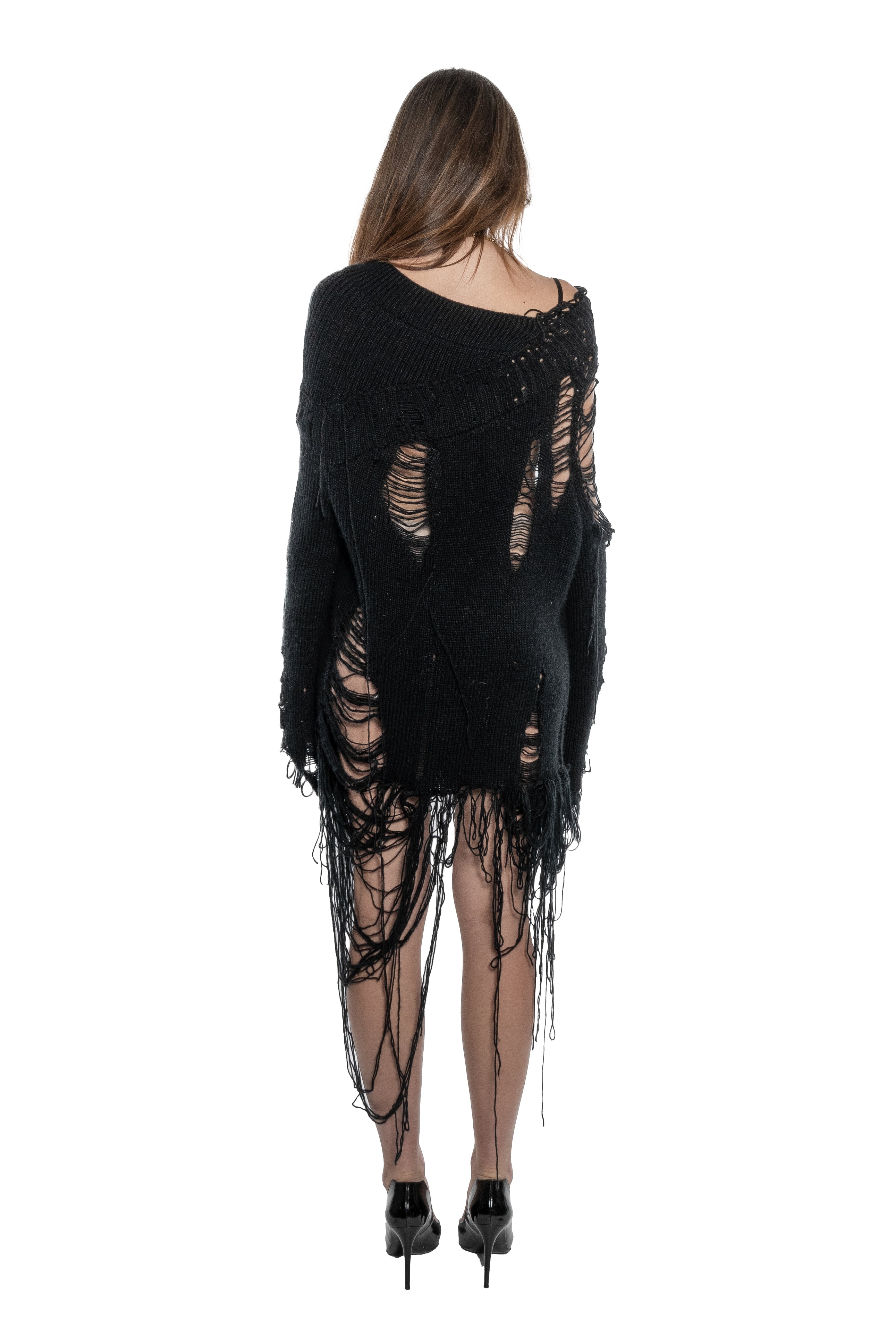 BLACK DISTRESSED OPEN-KNIT DRESS WITH HAND-FRAYED DETAILS, ASYMMETRICAL CONSTRUCTION, LONG HANGING THREADS AND AN ELONGATED SILHOUETTE.